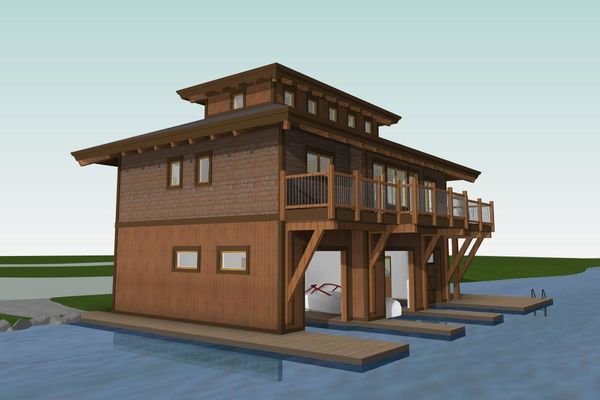 Guest-Boathouse-Muskoka-Ontario-Canadian-Timberframes-3D-Elevation-Rear-Left